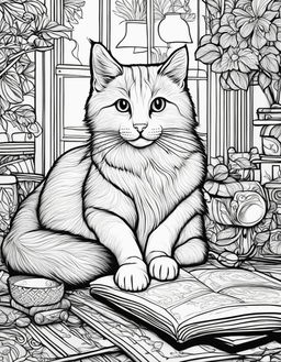 Adult colouring book page featuring a cute cat in a detailed study scene, black and white line work.