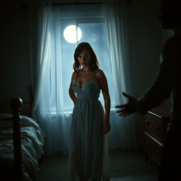 A suspenseful scene set in a dimly lit bedroom during the night