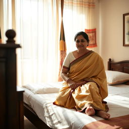 An intimate domestic scene featuring a middle-aged Indian woman, embodying a warm and nurturing aura, sitting on the edge of a neatly made bed in a softly lit bedroom