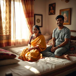 An intimate domestic scene featuring a middle-aged Indian woman, embodying a warm and nurturing aura, sitting on the edge of a neatly made bed in a softly lit bedroom
