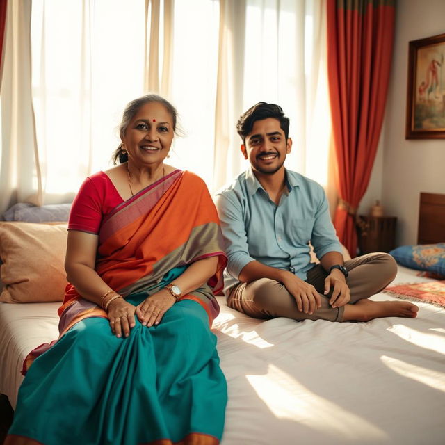 An intimate domestic scene featuring a middle-aged Indian woman, embodying a warm and nurturing aura, sitting on the edge of a neatly made bed in a softly lit bedroom