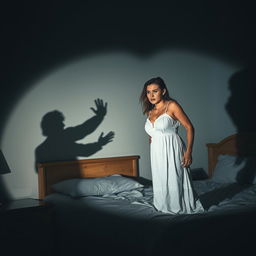 A dramatic scene inside a dimly lit bedroom, showcasing a tense confrontation