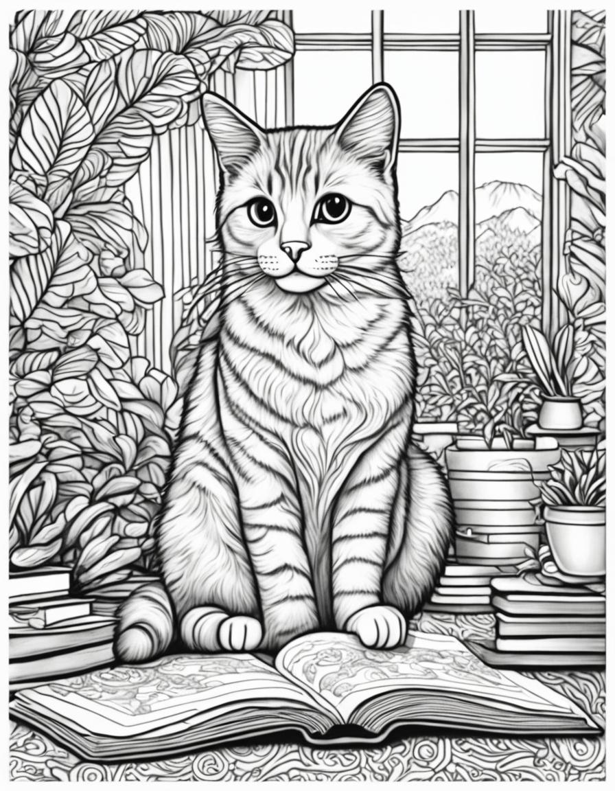 Adult colouring book page featuring a cute cat in a detailed study scene, black and white line work.