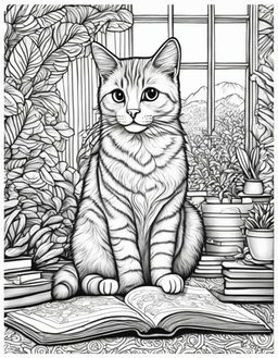 Adult colouring book page featuring a cute cat in a detailed study scene, black and white line work.