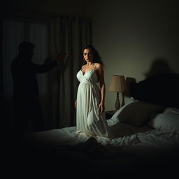 A dramatic scene inside a dimly lit bedroom, showcasing a tense confrontation
