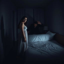 A dramatic scene inside a dimly lit bedroom, showcasing a tense confrontation