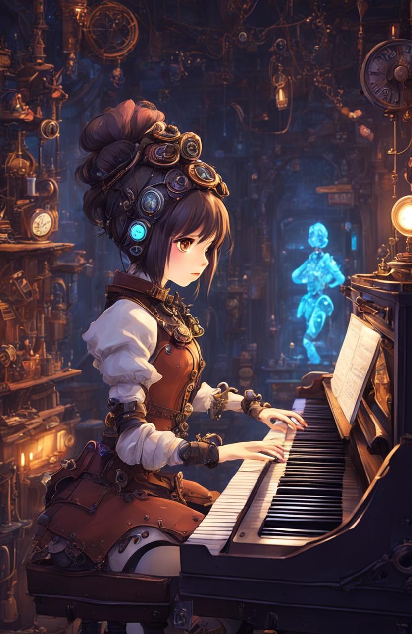 Edgy robot girl in ragged attire playing a digital piano in a steampunk Gepetto's workshop filled with neon lights, whimsical figurines, and glowy colored notes