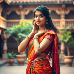 An Indian girl wearing a vibrant half saree, styled elegantly with intricate patterns and rich colors