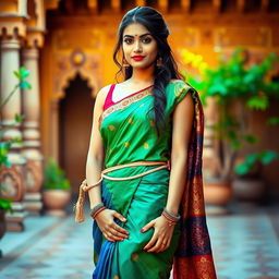 An Indian girl wearing a vibrant half saree, styled elegantly with intricate patterns and rich colors