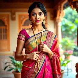 An Indian girl wearing a vibrant half saree, styled elegantly with intricate patterns and rich colors