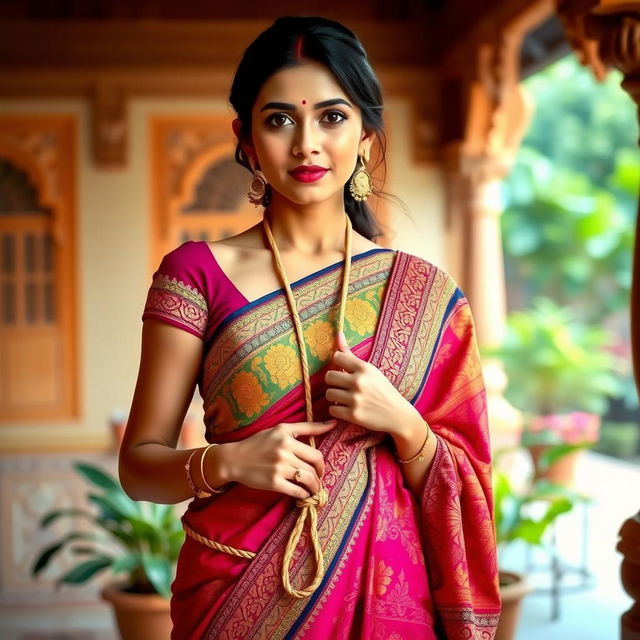 An Indian girl wearing a vibrant half saree, styled elegantly with intricate patterns and rich colors