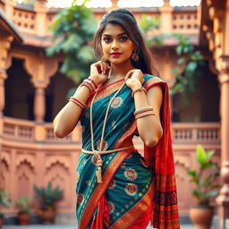 An Indian girl wearing a vibrant half saree, styled elegantly with intricate patterns and rich colors