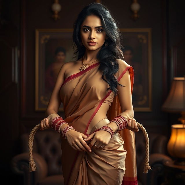 A beautiful Indian girl wearing a traditional half saree, skillfully draped to accentuate her figure, particularly showcasing her hip