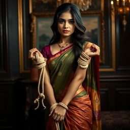 A beautiful Indian girl wearing a traditional half saree, skillfully draped to accentuate her figure, particularly showcasing her hip