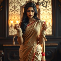 A beautiful Indian girl wearing a traditional half saree, skillfully draped to accentuate her figure, particularly showcasing her hip