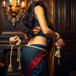 A beautiful Indian girl wearing a traditional half saree, skillfully draped to accentuate her figure, particularly showcasing her hip