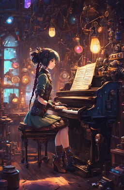 Edgy robot girl in ragged attire playing a digital piano in a steampunk Gepetto's workshop filled with neon lights, whimsical figurines, and glowy colored notes