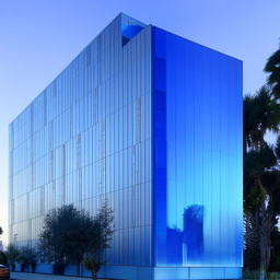 Three-story building front elevation architectural design featuring large glass windows and blue aluminum composite panels (ACP) elements