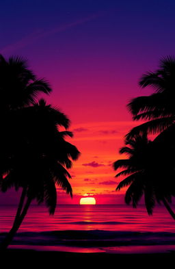 A stunning sunset scene titled 'Midnight Daydream' featuring vibrant, warm tones of orange, pink, and purple blending seamlessly into a twilight sky
