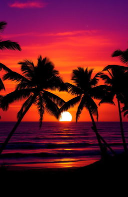 A stunning sunset scene titled 'Midnight Daydream' featuring vibrant, warm tones of orange, pink, and purple blending seamlessly into a twilight sky