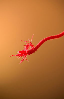 A close-up image of a vibrant red string that is fraying at the end, showcasing detailed textures of the fibers unraveling