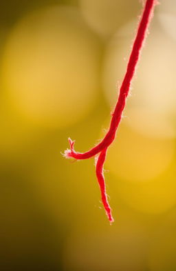 A close-up image of a vibrant red string that is fraying at the end, showcasing detailed textures of the fibers unraveling