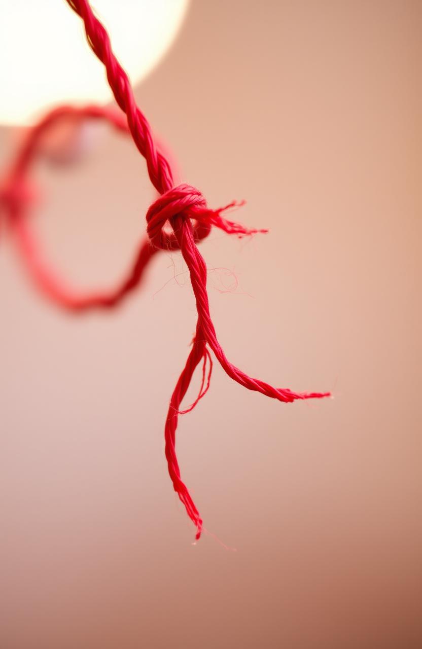 A close-up image of a vibrant red string that is fraying at the end, showcasing detailed textures of the fibers unraveling