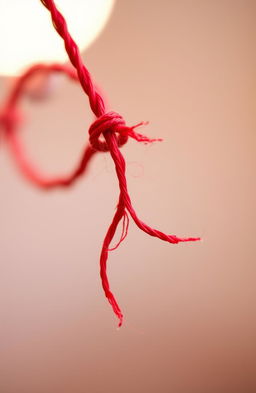 A close-up image of a vibrant red string that is fraying at the end, showcasing detailed textures of the fibers unraveling