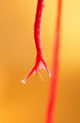 A close-up image of a vibrant red string that is fraying at the end, showcasing detailed textures of the fibers unraveling