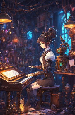 Edgy robot girl in ragged attire playing a digital piano in a steampunk Gepetto's workshop filled with neon lights, whimsical figurines, and glowy colored notes