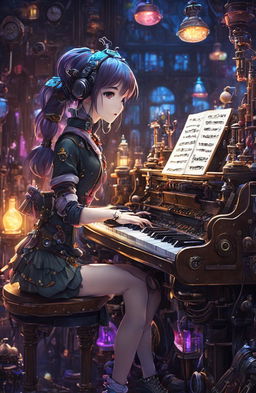 Edgy robot girl in ragged attire playing a digital piano in a steampunk Gepetto's workshop filled with neon lights, whimsical figurines, and glowy colored notes