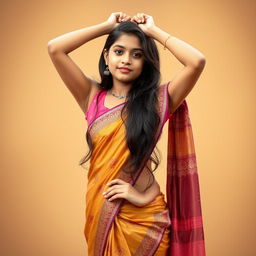 A 21-year-old Indian girl dressed in a fashionable half saree, confident and poised with her hands raised above her head and one hip accentuated