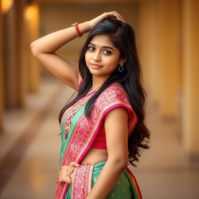 A 21-year-old Indian girl dressed in a fashionable half saree, confident and poised with her hands raised above her head and one hip accentuated