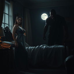 A dramatic scene in a dimly lit bedroom at night