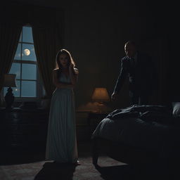 A dramatic scene in a dimly lit bedroom at night