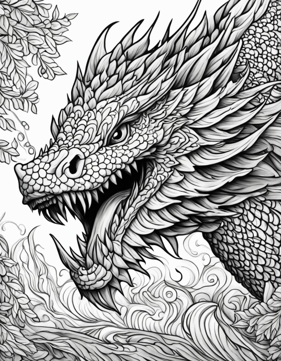 Adult colouring book page featuring a detailed line art of a mythical Dagon in black and white.