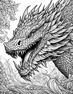 Adult colouring book page featuring a detailed line art of a mythical Dagon in black and white.