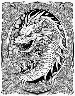 Adult colouring book page featuring a detailed line art of a mythical Dagon in black and white.