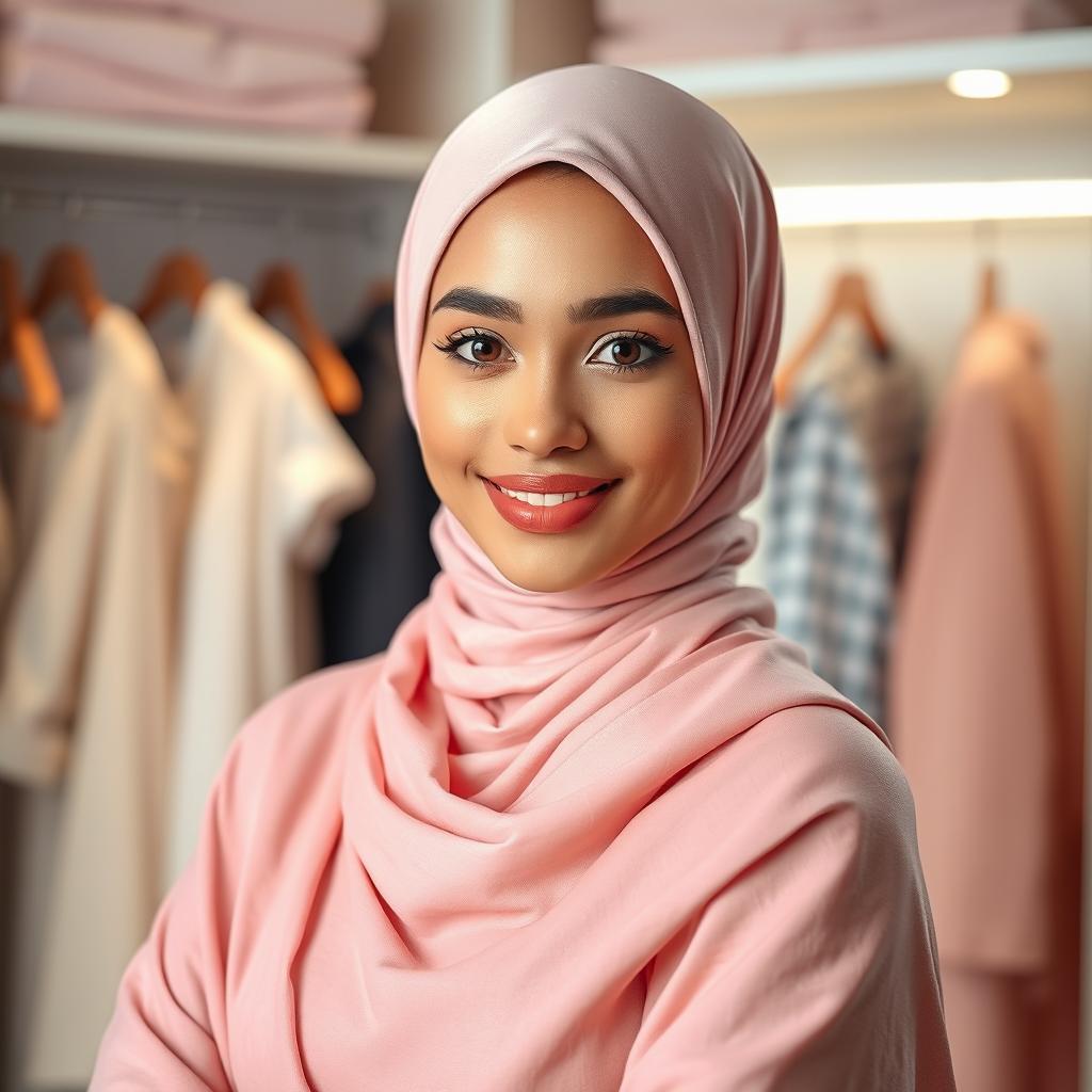 A portrait of a young woman exuding confidence, wearing a light pink hijab and a matching shawl, standing in a stylish indoor setting