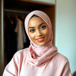 A portrait of a young woman exuding confidence, wearing a light pink hijab and a matching shawl, standing in a stylish indoor setting