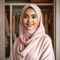 A portrait of a young woman exuding confidence, wearing a light pink hijab and a matching shawl, standing in a stylish indoor setting