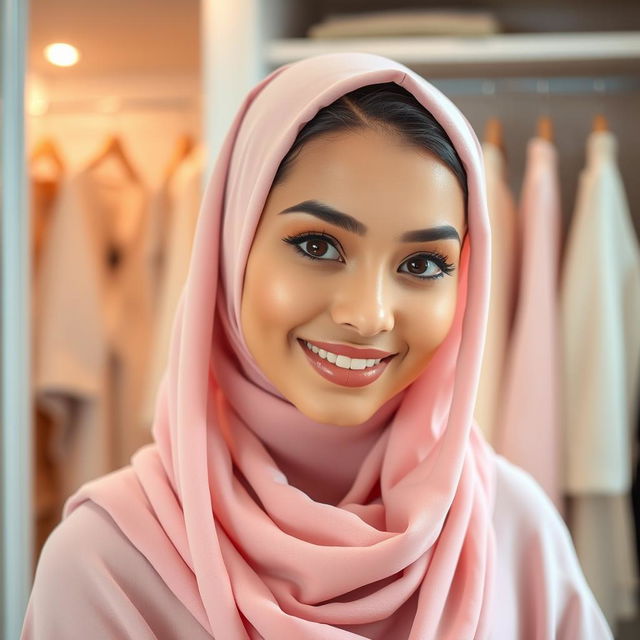 A portrait of a young woman exuding confidence, wearing a light pink hijab and a matching shawl, standing in a stylish indoor setting