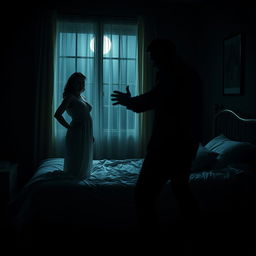 An intense scene inside a dimly lit bedroom at night, capturing a moment of tension