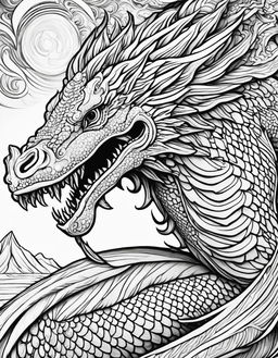 Adult colouring book page featuring a detailed line art of a mythical Dagon in black and white.