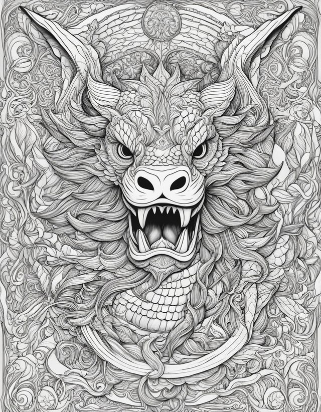 Adult colouring book page featuring a detailed line art of a mythical Dagon in black and white.