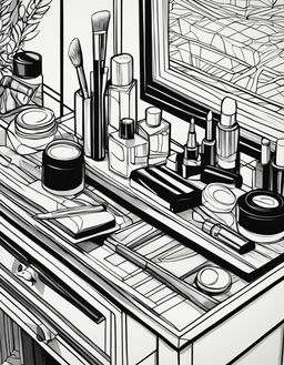 Black and white line art illustration in an adult colouring book style featuring various makeup items on a vanity table.