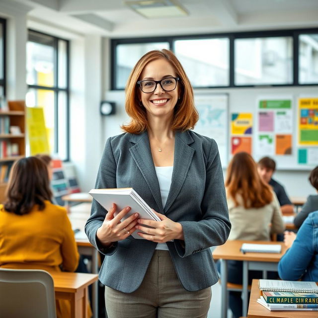 A confident female professor in her 40s, standing in a spacious, modern classroom filled with books and vibrant educational posters