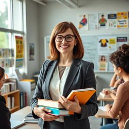 A confident female professor in her 40s, standing in a spacious, modern classroom filled with books and vibrant educational posters