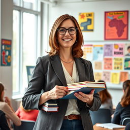 A confident female professor in her 40s, standing in a spacious, modern classroom filled with books and vibrant educational posters