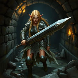 A female blond elven paladin wielding a large claymore sword, intently exploring a dark, grimy sewer